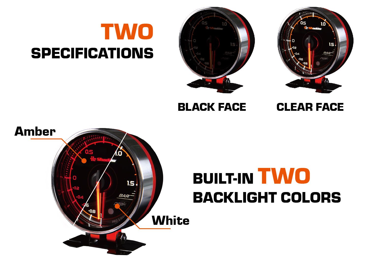 Es gibt zwei Spezifikationen und zwei eingebaute Hintergrundbeleuchtungsfarben des Shadow PRO3 Rennmessgeräts
