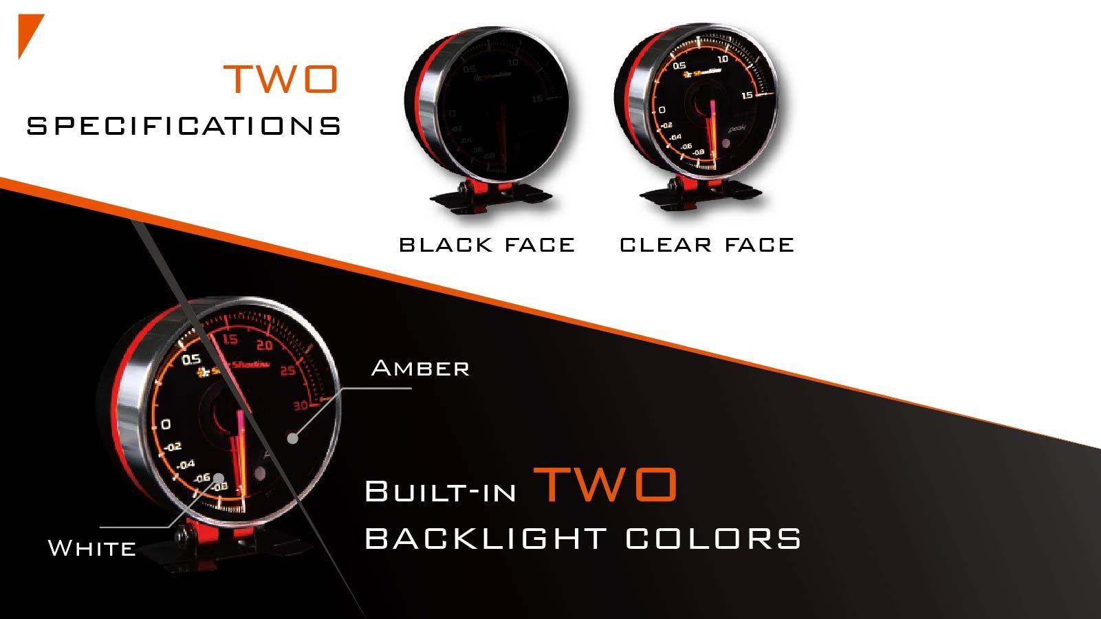 Elektroniczny wskaźnik wyścigowy Shadow ma dwa kolory podświetlenia: bursztynowy i biały