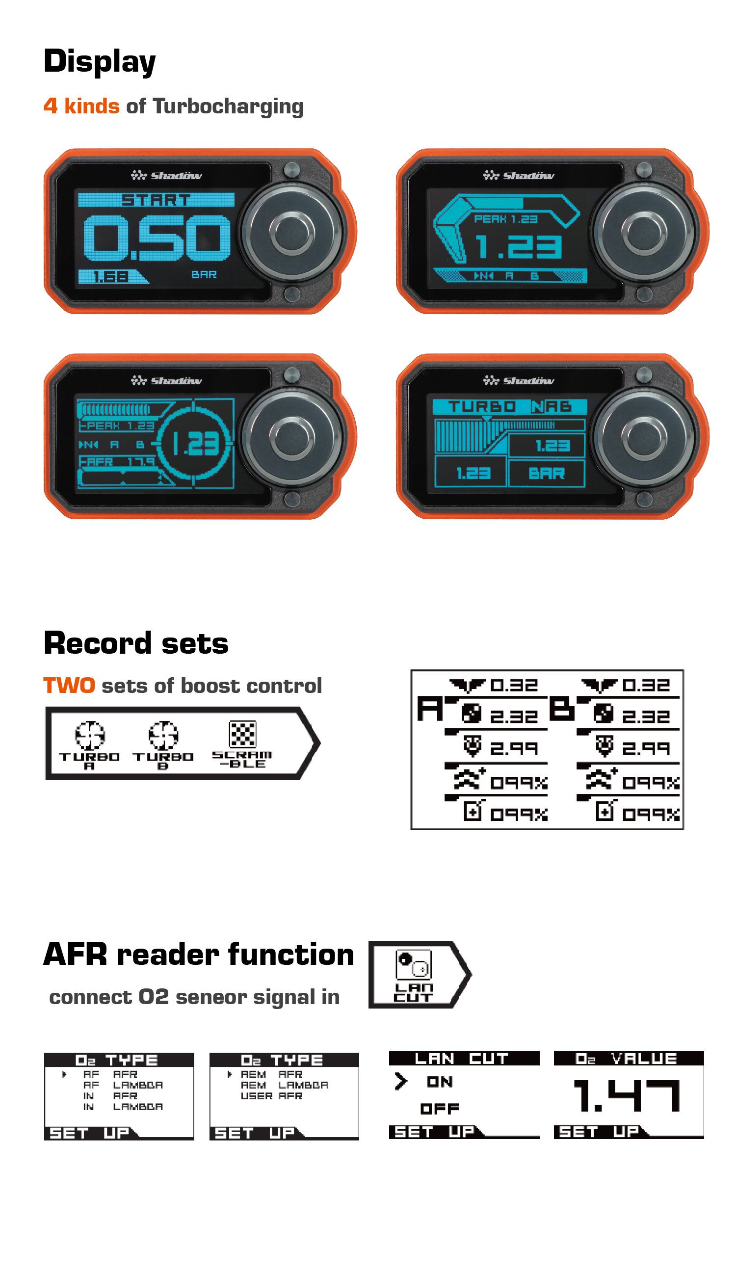 4 Arten von Turboaufladung, ZWEI Sätze von Boost-Steuerung, AFR-Lesefunktion.