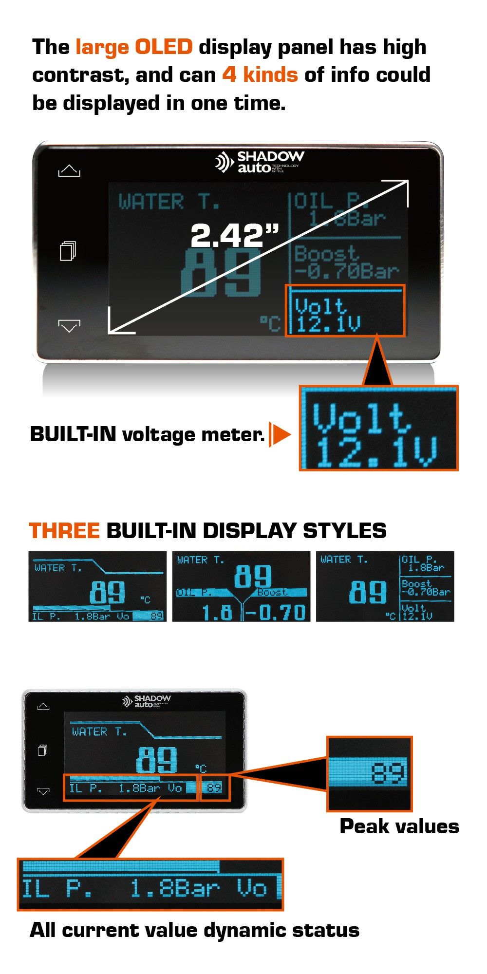 The large OLED display panel has high contrast, and can 4 kinds of info could be displayed in one time.