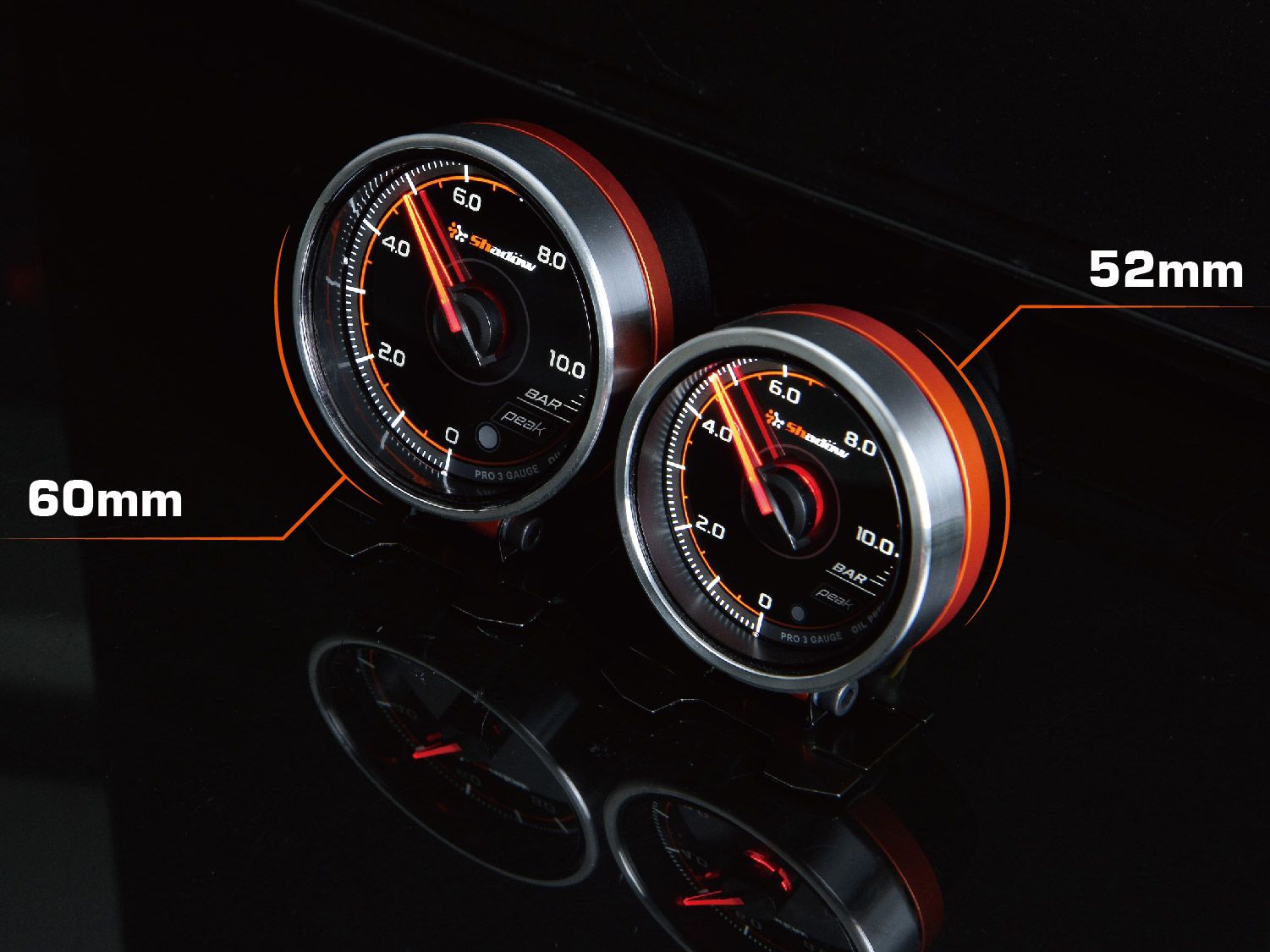 Shadow PRO3 racing gauges are available in 52mm and 60mm sizes